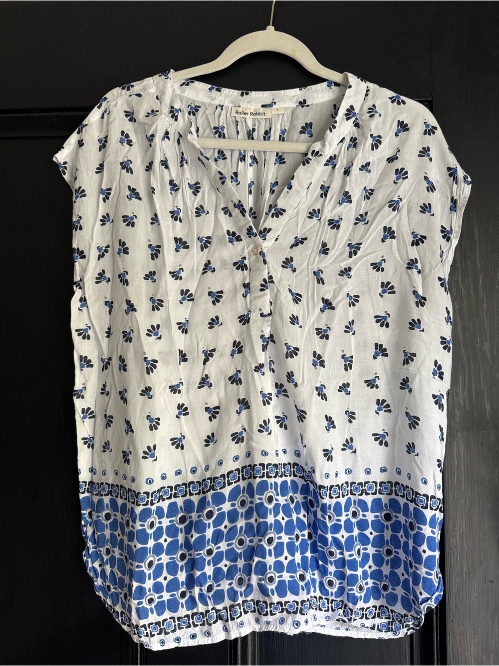 Roller Rabbit White & Blue Floral Border Cap-Sleeve Top S